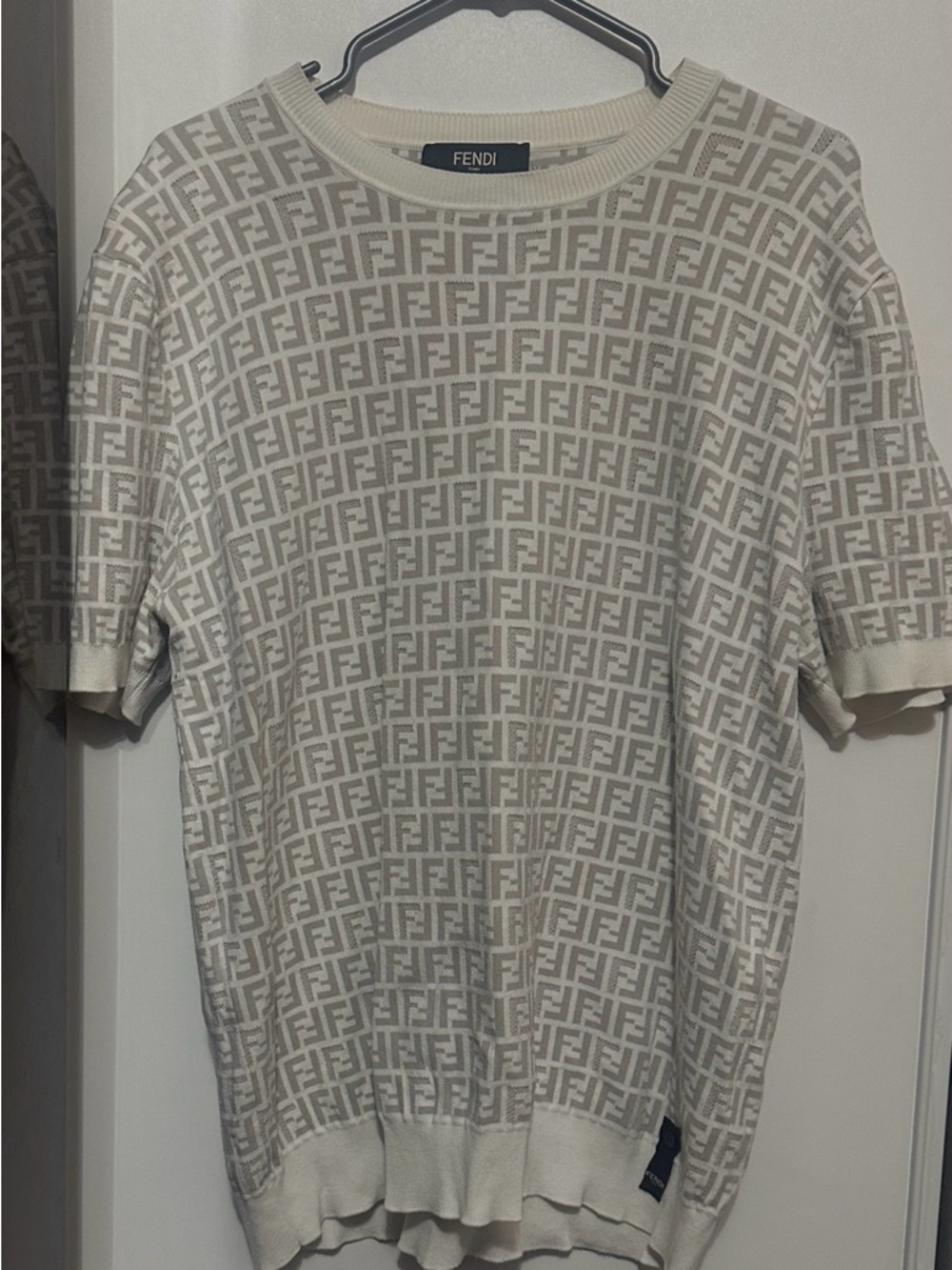 Fendi Cream & Beige FF Logo Short Sleeve Knit Top